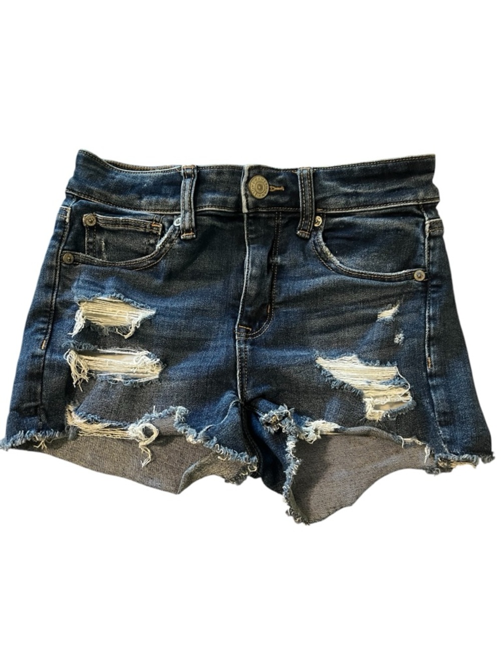 AEO Next Level Stretch Distressed Hi-rise ShortieRaw Hems Blue Jeans Size 2.